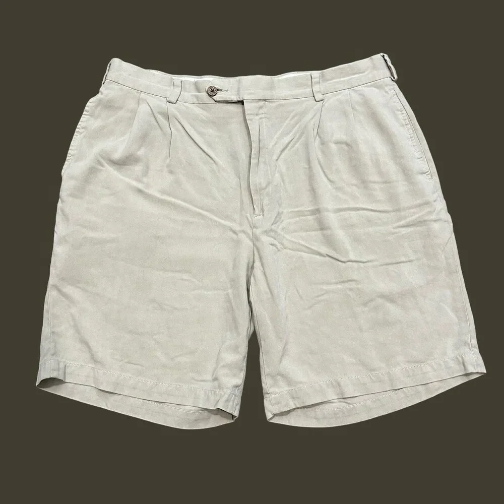 Jos A Bank Men's 100% Silk 34 Regular Tan Pleated Chino Shorts Inseam‎ 9